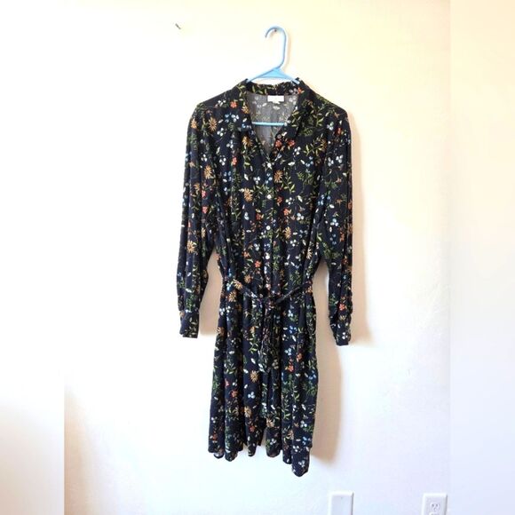 J.Jill Plus Size 3X Floral Shirt Dress Blouson Navy Blue Midi Pockets Waist Tie - Picture 1 of 9